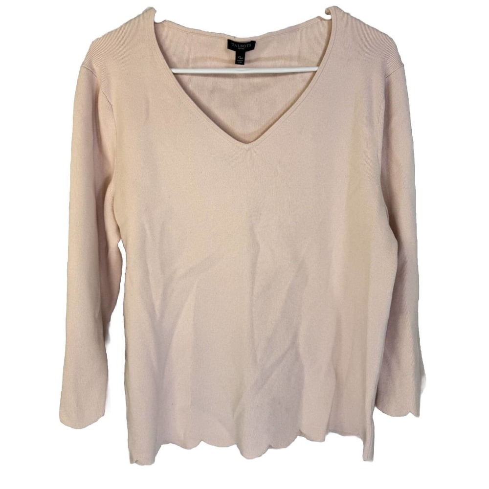 Talbots Petite XL Pink V Neck Sweater Scalloped‎ Hem Tunic 3/4 Sleeve
